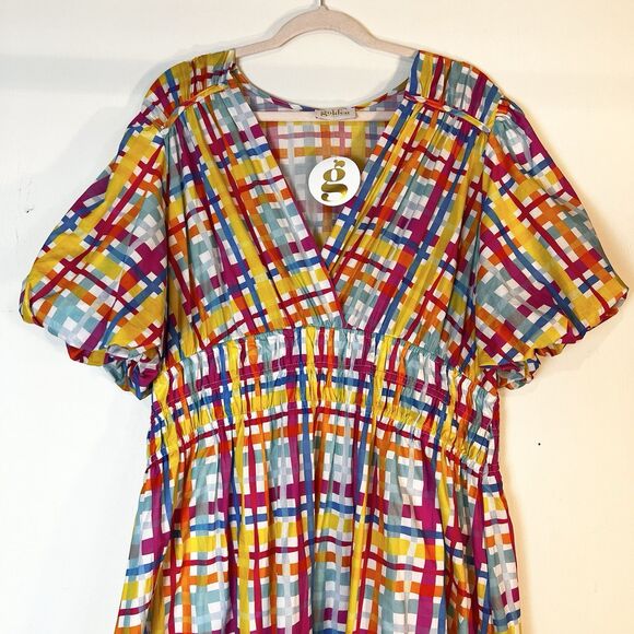 Plaid Midi Dress Colorful Stretch Smocked Waist Pink Yellow Blue NWT Sz 3X - Picture 4 of 16